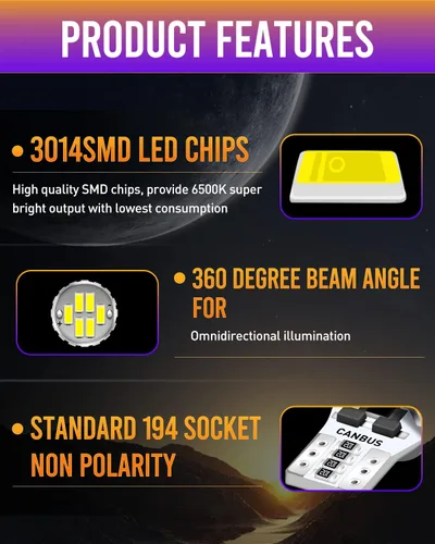 Vista 2 de LUYED 168 194 Bombilla LED de xenón blanco T10 2825 W5W 18-SMD 3014 Chipsets LED de repuesto Canbus libre de errores para domo, mapa, puerta