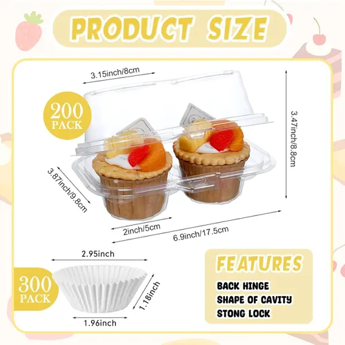 Vista 2 de Roshtia 100 cajas para cupcakes de 2 cavidades, 300 piezas de mini tazas para hornear de 6.9 x 3.9 x 3.5 pulgadas, transparente, apilable, soporte