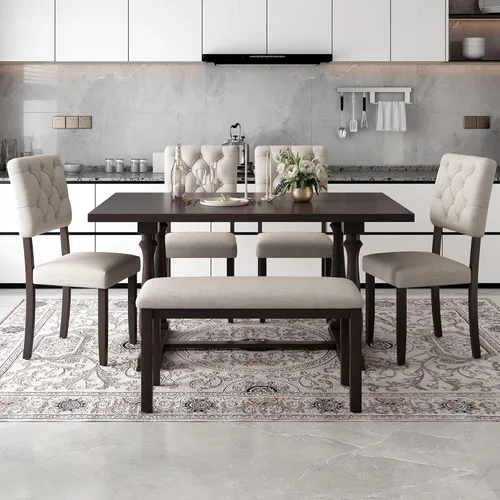 Vista 13 de Merax Juego de 6 piezas de comedor de 60 pulgadas para el hogar, cocina, comedor, juego de mesa rectangular con 4 sillas tapizadas y un banco, juego