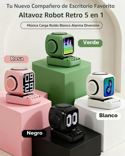 Vista 3 de Altavoz Bluetooth 5 en 1 de robot retro: cargador inalámbrico de 15 W, pantalla LED de píxeles, sonido estéreo de 10 W y 15 ruido blanco, reloj Negro