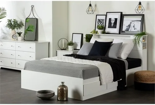 Vista 5 de South Shore, cabezal, armazón biblioteca Vito Collection Queen, 60 pulgadas, color chocolate, Madera, Blanco puro