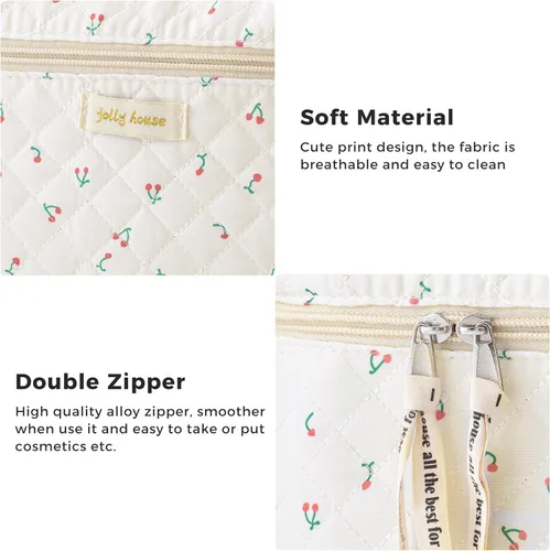 Vista 5 de HBselect Bolsa de Maquillaje Acolchada, 3 Piezas de Gran Bolsa de Maquillaje de Viaje de Algodón, Linda Bolsa de Maquillaje Floral Coquette, Bolsa