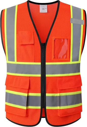 Vista 12 de Chaleco de seguridad de malla reflectante para hombres y mujeres, con 5 bolsillos y cremallera frontal, chaleco de malla de alta visibilidad