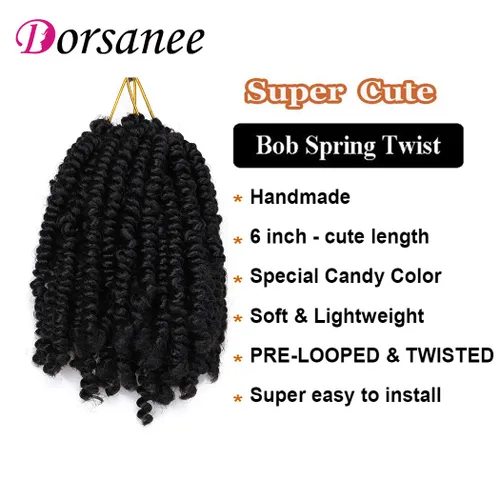 Vista 2 de Dorsanee Extensiones de cabello sintético corto estilo Bob Spring Twist de 6 pulgadas, 6 paquetes de extensiones de cabello sintético pretrenzado