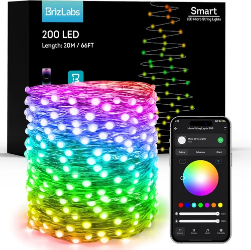 Vista 10 de BrizLabs Guirnalda de luces de hadas – Paquete de 2 luces LED de 66 pies, 200 luces LED que cambian de color con control remoto, enchufable RGB