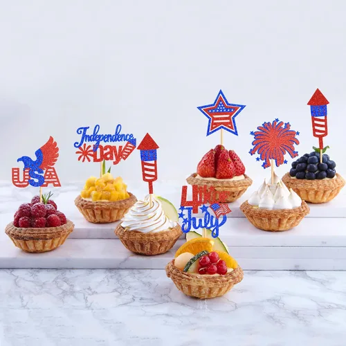 Vista 8 de 30 piezas de decoración para cupcakes del Día de la Independencia con purpurina de la bandera nacional para palillos de dientes, decoración