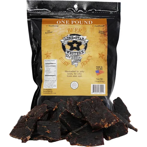 Vista 7 de Lone Star Black Pepper Beef Jerky - Bolsa resellable de 1 libra - Sabor artesanal ahumado de nogal - Bocadillo de carne saludable con alto contenido