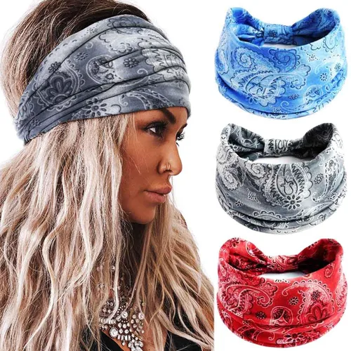 Vista 10 de Diademas boho de nudo ancho, bandas elásticas y impresas para la cabeza, turbantes de estilo bohemia para mujer, 3 piezas (Set I)