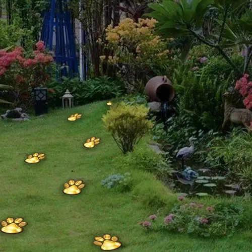 Vista 6 de Luces solares con estampado de patas: tira de luces solares LED impermeables para exteriores (juego de 8), lámpara decorativa de perro y gato, luces