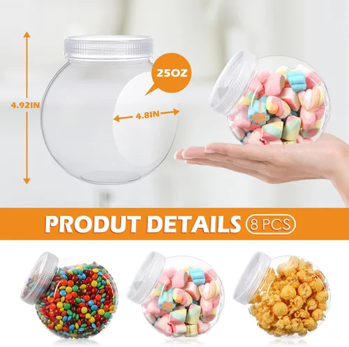 Vista 2 de Sunnyray Juego de 8 tarros de plástico de 25 onzas con tapas, platos transparentes para dulces con tapas, juego de recipientes de buffet, soporte