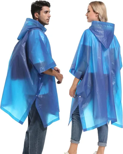 Vista 5 de Ponchos de lluvia reutilizables con capucha con cordón para adultos, abrigo de lluvia grueso impermeable, 2 paquetes