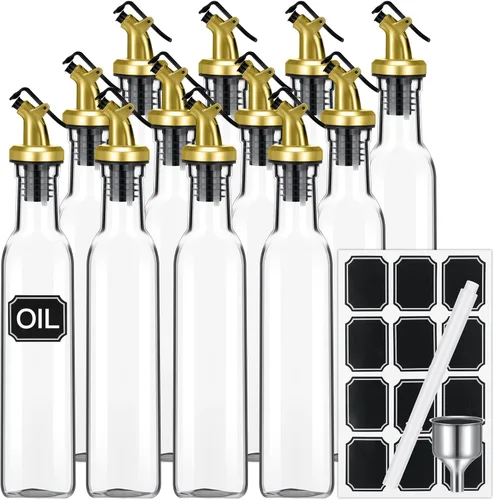 Hushee Juego de 12 botellas dispensadoras de aceite de oliva de vidrio transparente que incluyen botella de vidrio de 8 onzas con boquilla, Dorado