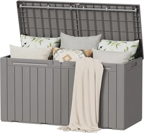 Vista 10 de Caja de resina de cubierta de 40 galones de Flamaker, caja de almacenamiento impermeable para interiores y exteriores, imitación de madera