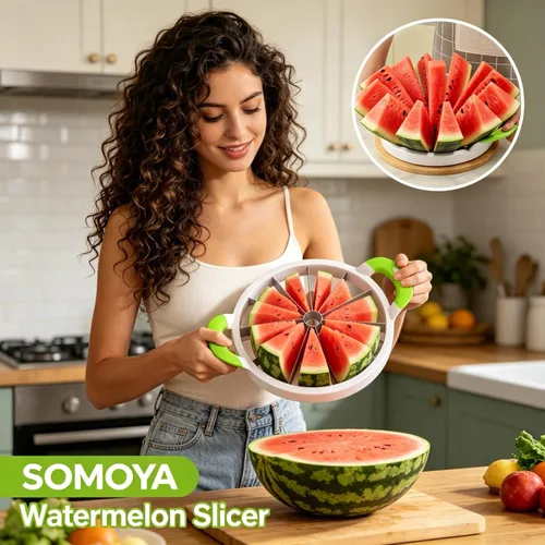 Vista 4 de Cortador de sandía extra grande, mango de silicona cómodo, divisor redondo de acero inoxidable para melón melón, piña, melón, miel, corte