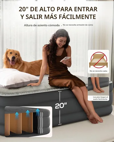 Vista 6 de Cama de aire de inflado rápido, cama inflable silenciosa y cómoda para invitados del hogar, campamento, viajes, colchón de aire de lujo de 20 Gris