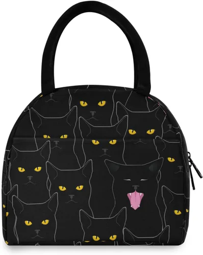 Sinestour Bolsa de almuerzo con diseño de gato para mujer, bonita bolsa reutilizable, hielera negra aislada para la escuela, oficina, picnic, niños,