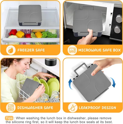 Vista 4 de MAXSO Set de Lonchera Bento para Niños con Termo de Sopa de 8 oz, Envase para Comida Caliente a Prueba de Fugas con 4 Compartimentos, Tarro