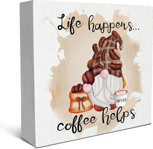 SRADMO Life Happens Coffee Help - Cartel de madera para decoración de escritorio, divertido gnomo de café, caja de madera para decoración del hogar,