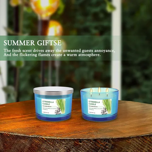 Vista 6 de Velas de citronela grandes de 3 mechas de 2 x 14 onzas, de larga duración hasta 30 horas, vela de soja natural perfumada para jardín, campamento