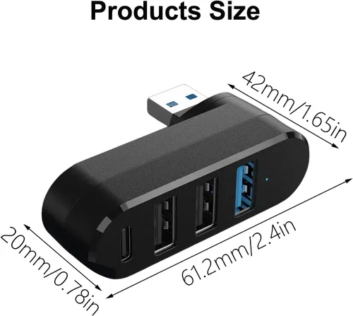 Vista 4 de 4 puertos USB3.0 Hubs 180° Divisor USB giratorio con 3 puertos USB 1 USB C alimentado puerto de datos USB Extensor USB para portátil
