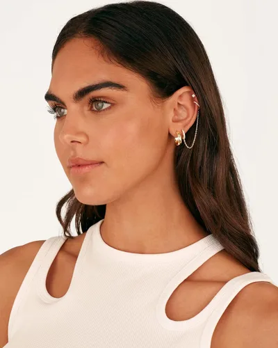 Vista 5 de PAVOI Aretes de cadena de oro de 14 quilates para mujer Aretes de aro de doble piercing Aretes de aro de perlas de circonita cúbica para mujer