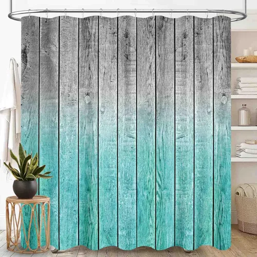 Vista 9 de Cortina de ducha de madera rústica para baño, tablero de madera marrón rústica, versículo de la Biblia, casa de campo traviesa, granero occidental