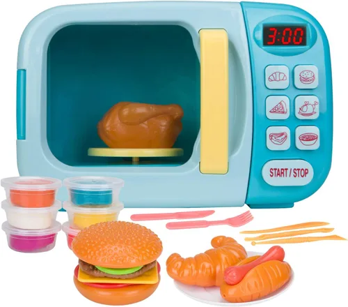 Set de Juguetes de Cocina con Microondas y Luz y Sonido, Horno Electrónico de Juguete para Niños con Comida de Juguete y 6 Colores de Masa de Azul