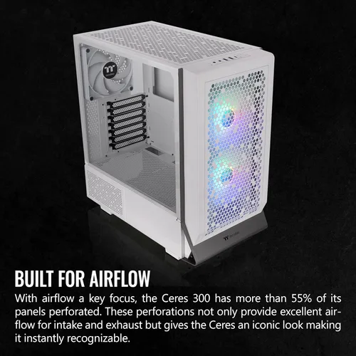 Vista 3 de Thermaltake Ceres 300 Snow Edition - Carcasa para computadora E-ATX de torre media con panel lateral de vidrio templado; 2 ventiladores CT140 ARGB