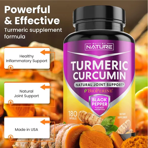 Vista 3 de Suplemento de cúrcuma Curcumina Tumérica con Pimienta Negra y Curcuma BioPerine 180 Cápsulas