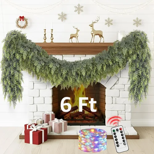 Guirnalda de Navidad de Cedro para Repisa de Chimenea - Decoraciones con Luces de 6 pies, Guirnaldas de Pino Artificial Iluminadas Realistas para