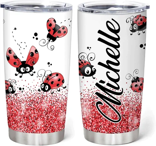 Hyturtle Regalos personalizados para amantes de las mariquitas, vaso de acero inoxidable impreso con nombre personalizado de 20 onzas con tapa, idea