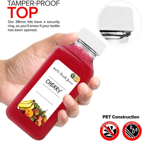 Vista 5 de Botellas de jugo de 12 onzas con tapas para jugo (paquete de 12) – Botellas de agua de plástico vacío transparente reutilizables – Contenedores