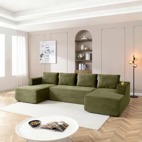 Vista 10 de Sofá cama modular de 132 pulgadas, sofá de nube sin hueso para sala de estar, sofá de 5 asientos en forma de U con 2 portavasos, combinación libre