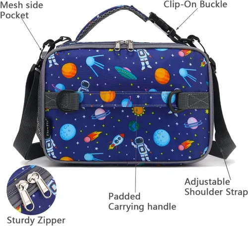 Vista 5 de Flowfly - Lonchera para niños, bolsa escolar aislada duradera con correa de hombro y soporte para botellas, minihielera térmica resistente al agua