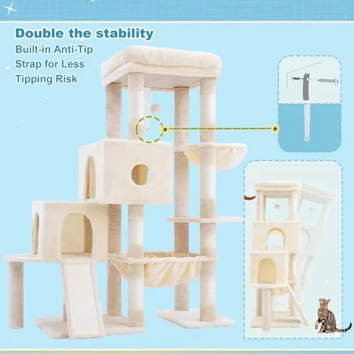 Vista 7 de Hey-brother Torre para Gatos, Postes Rascadores con Plataforma Grande, 2 Condos, Hamaca Espaciosa, Cesta Acogedora, Tablero de Sisal para Gatos