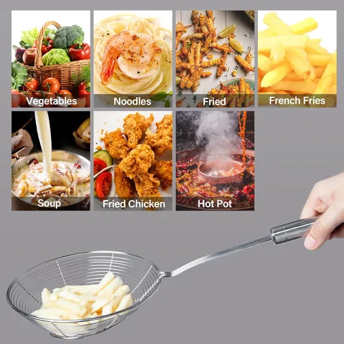 Vista 7 de Eisinly Cuchara espumadera coladora de 5.5 pulgadas para cocinar y freír, colador con asa, utensilios de cocina de acero inoxidable, cuchara