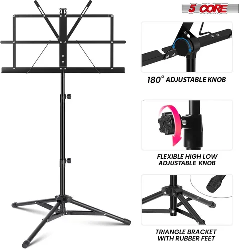 Vista 2 de 5 CORE Soporte de partituras portátil de doble uso para libros de escritorio, trípode ligero plegable ajustable de 52 pulgadas con bolsa de Negro