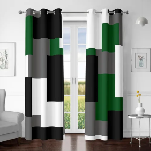 Vista 56 de Tyrot Avocado Green 100% Blackout Curtains for Bedroom 63 inch Long 2 Panels Set White Modern Abstract Geometric Black Out Curtains Insulated Room