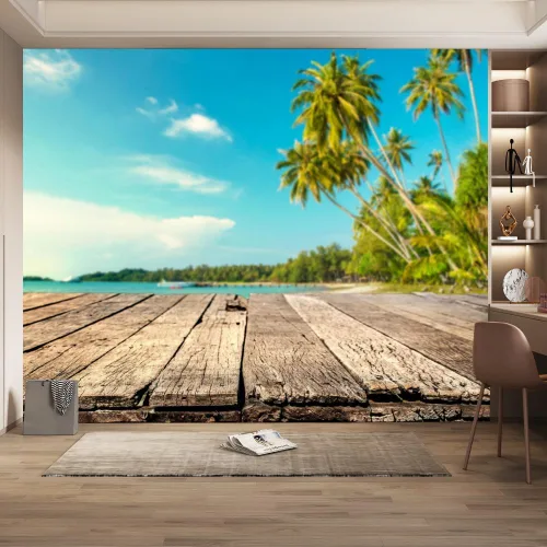 Vista 20 de Mural de pared 3D Ocean Beach, paisaje tropical, papel tapiz autoadhesivo extraíble para sala de estar, dormitorio, decoración de pared, 59 pulgadas