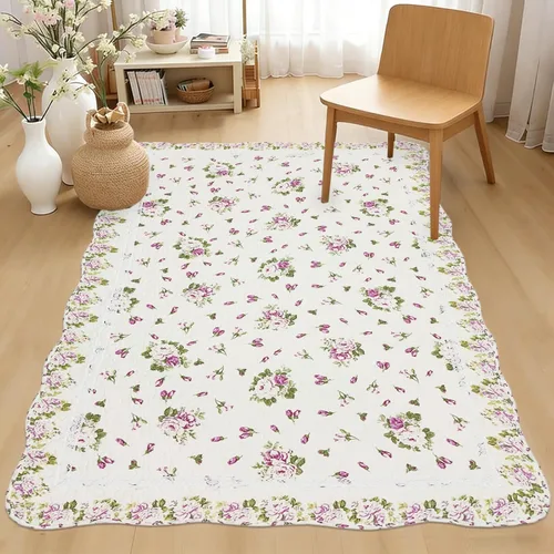 Vista 4 de USTIDE Alfombra de algodón natural de 3 x 5 con diseño de flores de rosas, capullos de flores de rosas desgastadas, lavable a máquina