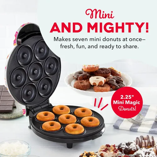 Vista 2 de Máquina para hacer donas Dash Mini para desayuno apto para niños, aperitivos, postres y más con superficie antiadherente, hace 7 donas, estampado
