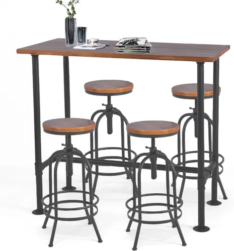 Mesa de bar con diseño de tubería rústica (41.3 pulgadas de alto) y juego de 4 taburetes de bar vintage de 26 a 32 pulgadas de altura ajustable para
