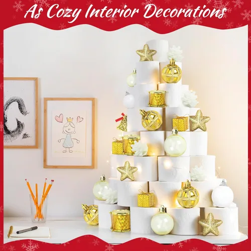 Vista 5 de TranquilBliss Adornos de Navidad, 38 unidades, bolas de plástico doradas inastillables para árbol