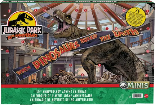 Mattel Calendario de Adviento de Jurassic World con cuenta regresiva de 24 días, sorpresa diaria, mini dinosaurios de juguete, figuras humanas y