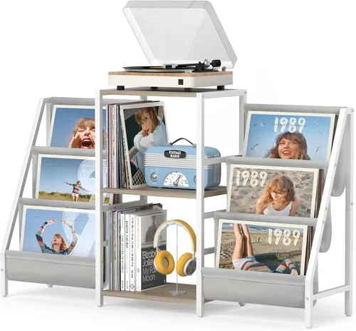 Vista 10 de Soporte para Reproductor de Discos, Soporte para Tocadiscos con Almacenamiento para 300 Discos de Vinilo, Mesa para Reproductor de Discos