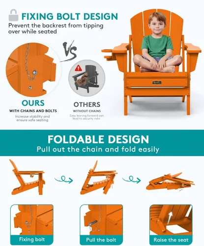 Vista 5 de SERWALL - Silla plegable Adirondack para patio, jardín, exterior, resistente a la intemperie, sillas para hoguera, color naranja