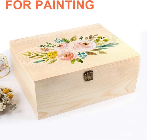 Vista 5 de Caja grande de madera sin terminar con tapa con bisagras, caja de almacenamiento de madera sin terminar de 10.6 x 8 x 5.7 pulgadas, caja de madera