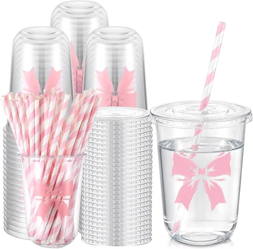 Vista 15 de LemonRoad - Juego de 50 tazas de lazo rosa de 16 onzas para decoración