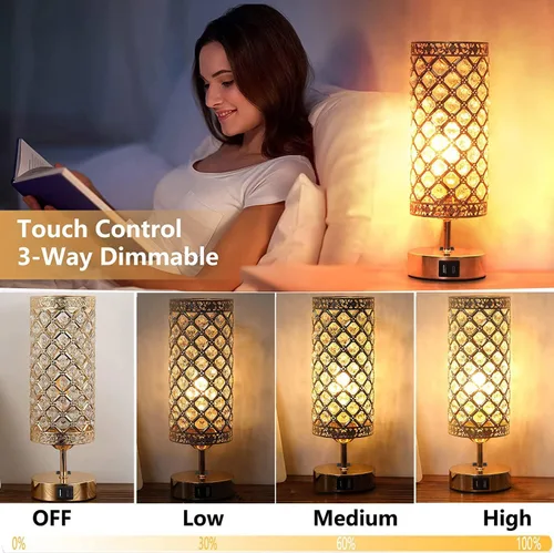 Vista 2 de Lámpara de mesa de cristal dorado, lámpara de escritorio para mesita de noche, control táctil, luz nocturna para mujer, decoración de dormitorio