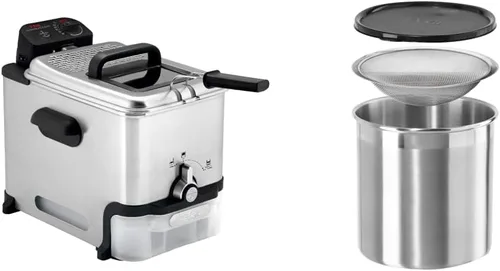 T-fal Freidora profunda con canasta, fácil de limpiar, filtración de aceite, 2.6 libras, plata, modelo FR8000 y contenedor de grasa de cocina OGGI,